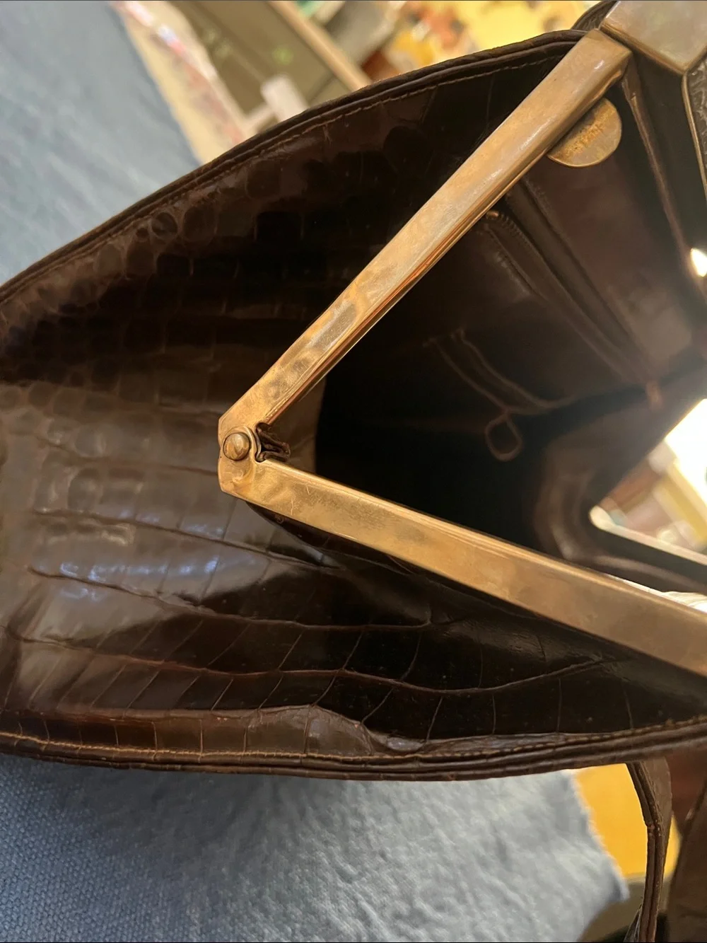 Classic Croc-Embossed Structured Top-Handle Bag in Dark Brown